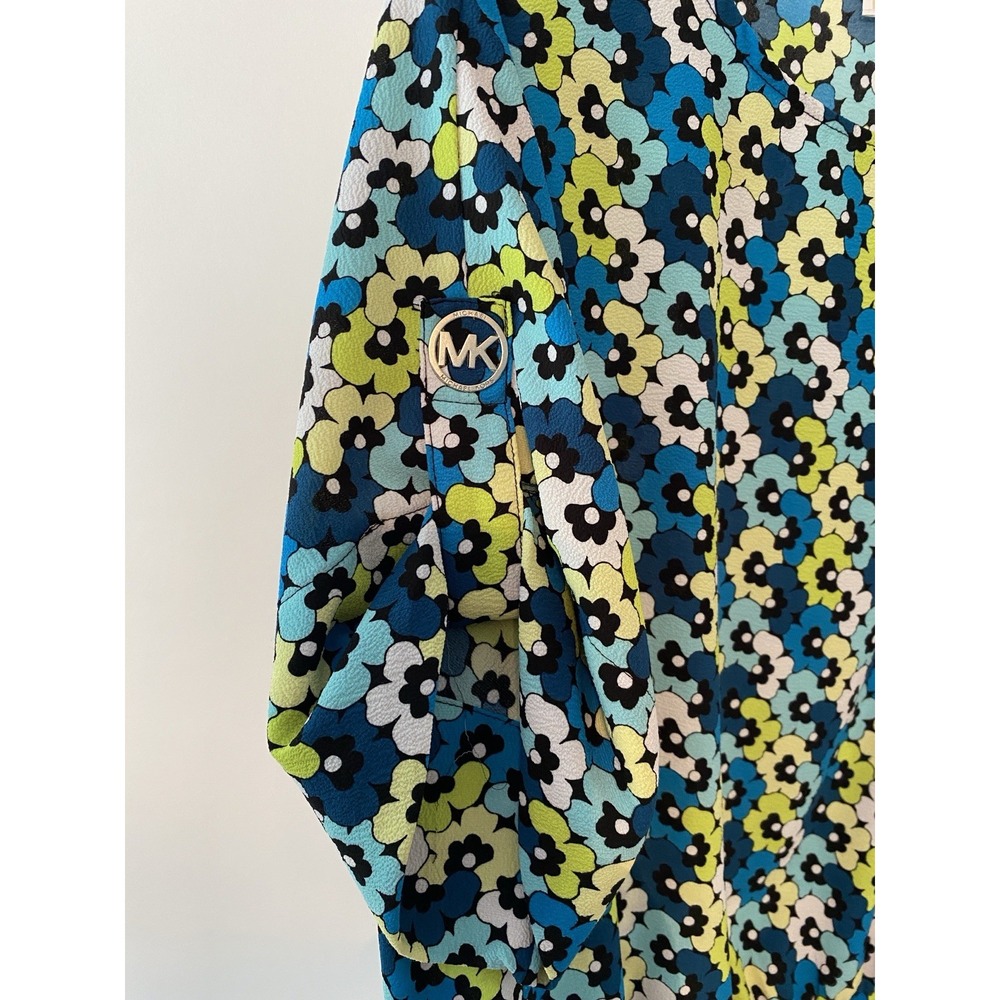 Michael Kors Short Sleeve Blouse Sz Large Smocked Hem Blue Teal Floral Designer - Picture 5 of 9